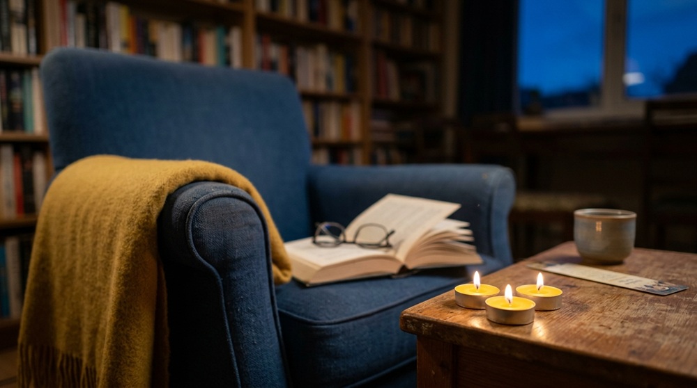 Hai đến ba nến tealight nhỏ trong vỏ nhôm màu vàng chanh đang cháy nhẹ nhàng được đặt trên bàn phụ bên cạnh ghế bành thoải mái, có cuốn sách đang mở, kính đọc sách và chăn ấm, kệ sách mờ ở phía sau, ánh nến dịu tạo không gian đọc sách ấm cúng vào buổi tối