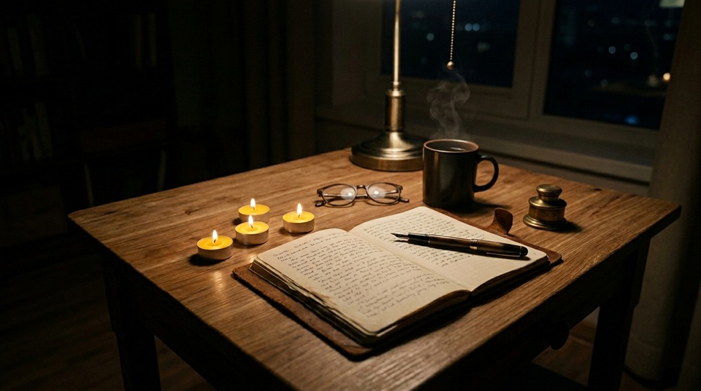 Một đến hai nến tealight nhỏ trong vỏ nhôm với sáp vàng tươi đang cháy nhẹ được đặt ở góc bàn làm việc gỗ cùng laptop, sổ tay, bút và cốc cà phê, ánh sáng tự nhiên từ cửa sổ đang chuyển sang chiều tối, tạo không gian làm việc tại nhà yên tĩnh với ánh nến bổ sung ánh đèn bàn