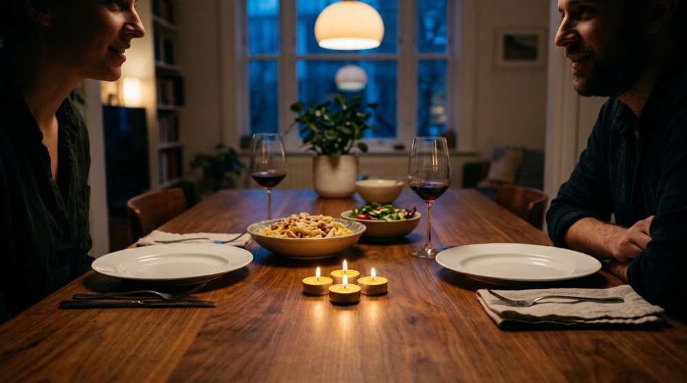Ba đến bốn nến tealight siêu nhỏ trong vỏ nhôm với sáp vàng tươi đang cháy được xếp giữa bàn ăn gỗ, xung quanh có đĩa trắng, ly rượu và bữa ăn gia đình đơn giản, tạo bầu không khí ấm cúng thân mật cho bữa tối hai người tại nhà