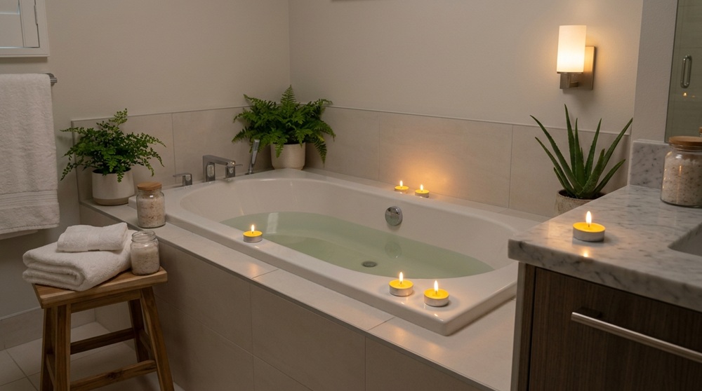 Bốn đến sáu nến tealight siêu nhỏ trong vỏ nhôm an toàn đang cháy được đặt quanh viền bồn tắm trắng và trên quầy phòng tắm, bồn chứa nước, xung quanh có khăn tắm trắng mềm, muối tắm và cây xanh, ánh nến dịu tạo không gian thư giãn như spa tại nhà buổi tối