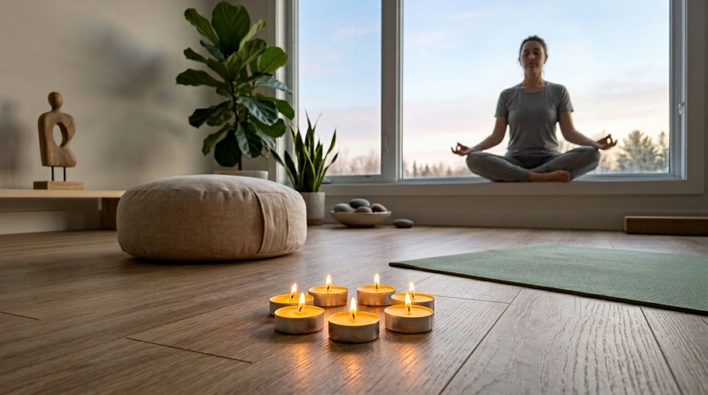 Năm đến bảy nến tealight nhỏ trong vỏ nhôm màu vàng chanh được xếp thành vòng tròn trên sàn gỗ bao quanh đệm thiền, một số đang cháy tỏa ánh sáng nhẹ nhàng, gần thảm yoga, cây xanh và ánh sáng bình minh từ cửa sổ lớn, bóng người đang thiền ngồi mờ ở phía sau, tạo không gian yoga yên bình buổi sáng