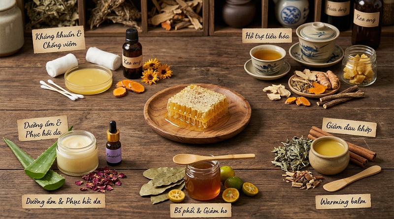 Y học cổ truyền Việt Nam: 5 công dụng sức khỏe sáp ong quanh tổ ong trung tâm - (1) kháng khuẩn chống viêm, (2) hỗ trợ tiêu hóa, (3) giảm đau xương khớp với rượu ngâm, (4) tăng miễn dịch bổ máu với táo đỏ nhân sâm, (5) tim mạch với thảo mộc. Bàn gỗ, chén gốm, thảo dược tự nhiên.
