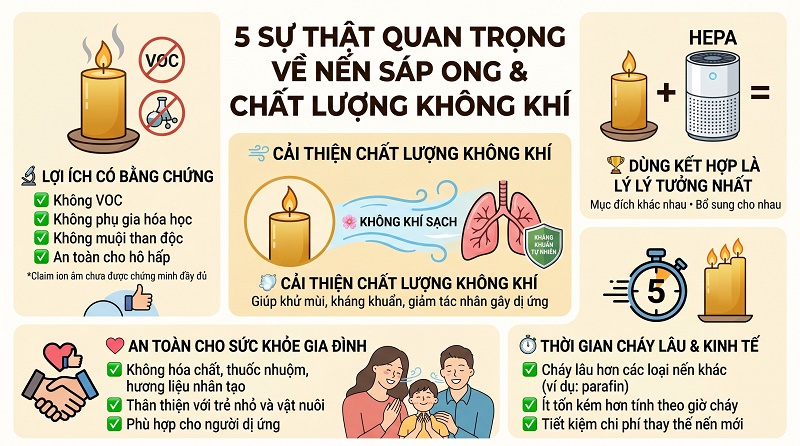 Infographic 5 sự thật nến sáp ong: (1) nến cháy sạch không VOC có bằng chứng, (2) dùng kết hợp với máy lọc HEPA lý tưởng, (3) thanh sáp ong vàng 100% nguyên chất, (4) 4 phòng cần nhất (điều hòa, thú cưng, trẻ em, ẩm mùa mưa), (5) checklist chất lượng 