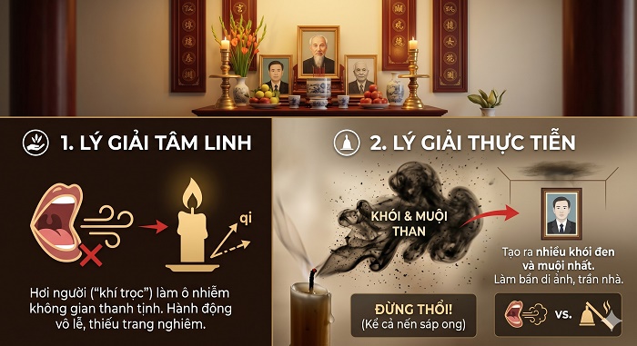 Giải thích lý do không nên thổi nến bàn thờ. Về tâm linh: Hơi người (khí trọc) làm ô nhiễm không gian thanh tịnh. Về thực tiễn: Thổi nến tạo nhiều khói đen và muội than làm bẩn di ảnh, trần nhà.