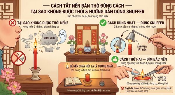 Cách Tắt Nến Trên Bàn Thờ Đúng Cách — Tại Sao Không Được Thổi & Hướng Dẫn Dùng Snuffer