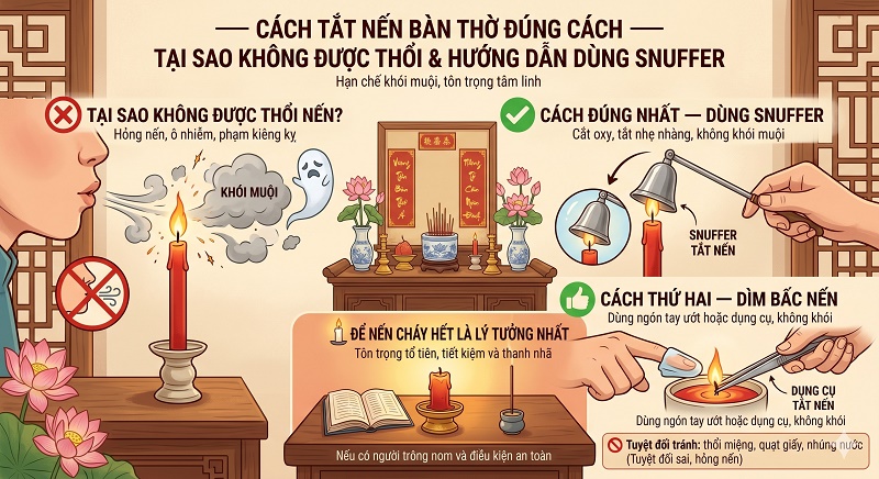 Cách Tắt Nến Trên Bàn Thờ Đúng Cách — Tại Sao Không Được Thổi & Hướng Dẫn Dùng Snuffer