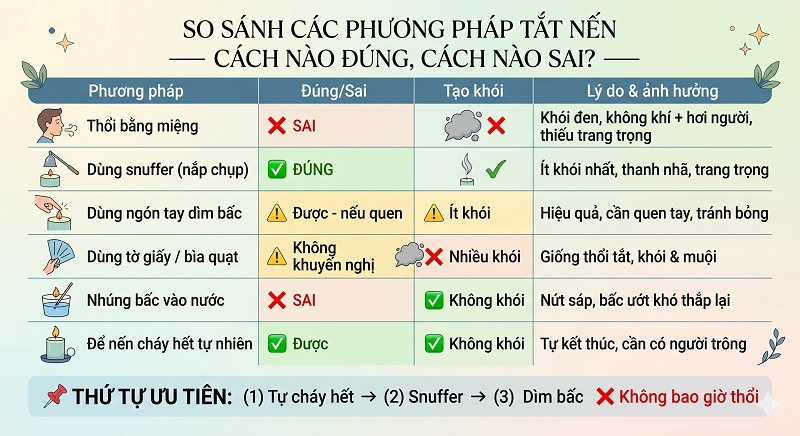 Bảng so sánh các phương pháp tắt nến đúng và sai. Thứ tự ưu tiên: 1. Để nến tự cháy hết, 2. Dùng Snuffer, 3. Dìm bấc. Cảnh báo thổi bằng miệng hoặc dùng quạt gây nhiều khói muội và thiếu trang trọng.