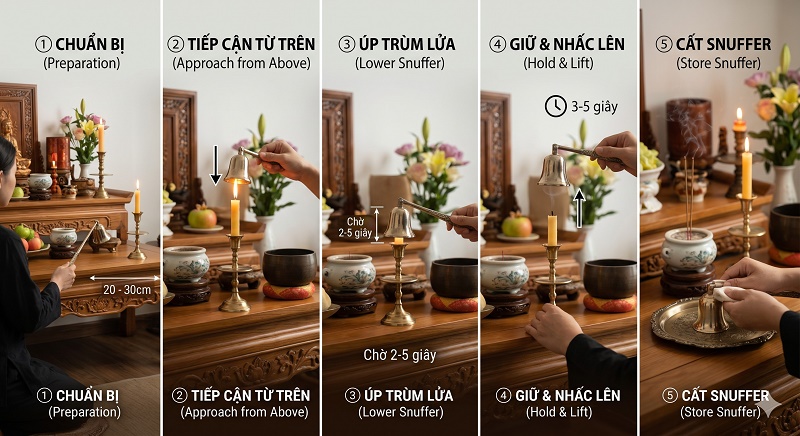 Quy trình 5 bước sử dụng snuffer (chuông tắt nến) trên bàn thờ: Chuẩn bị, tiếp cận từ trên, úp trùm lửa trong 3-5 giây, giữ và nhấc lên, sau đó vệ sinh và cất snuffer.