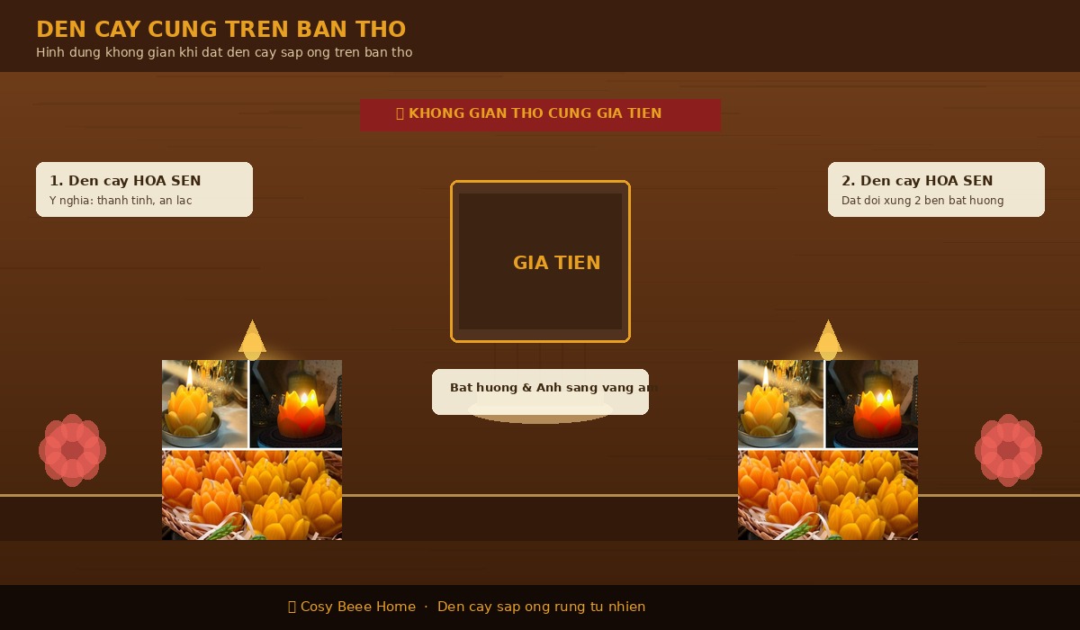Đèn cầy sáp ong rừng đặt trên bàn thờ gia tiên - phối cảnh bàn thờ truyền thống