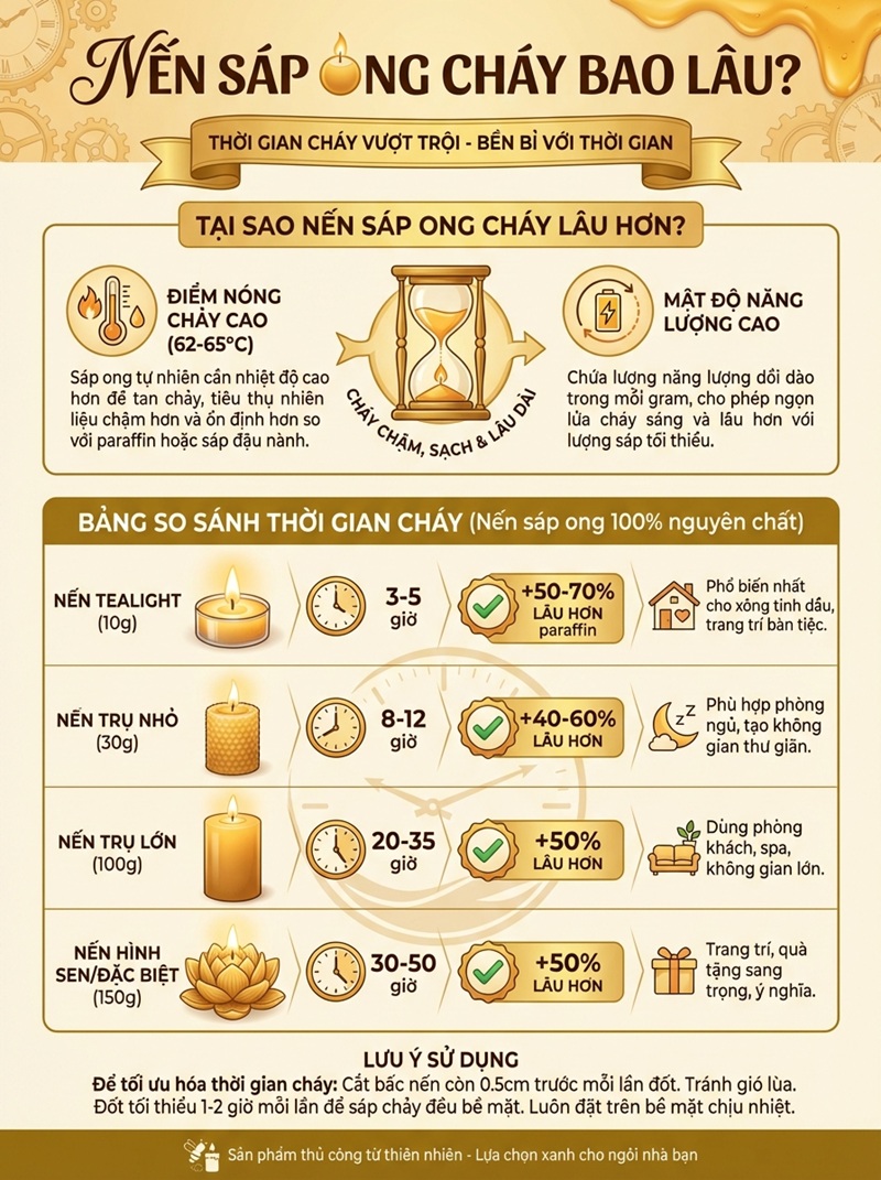 Thời gian cháy nến sáp ong so với paraffin. Bốn loại nến: Loại một - Tealight 10 gram cháy 3 đến 5 giờ lâu hơn paraffin 50 đến 70 phần trăm phổ biến nhất. Loại hai - Nến cột nhỏ 30 gram cháy 8 đến 12 giờ lâu hơn 40 đến 60 phần trăm phù hợp phòng ngủ. Loại ba - Nến cột lớn 100 gram cháy 20 đến 35 giờ lâu hơn 50 phần trăm dùng phòng khách spa. Loại bốn - Nến hoa sen cháy 10 đến 20 giờ tùy kích thước trang trí và chức năng. Hai mẹo tối ưu thời gian cháy: Mẹo một - Lần đầu đốt nến để nến cháy đủ lâu để lớp sáp mặt trên chảy đều hoàn toàn ngăn hiện tượng tunneling nến cháy sâu vào giữa không cháy ra hai bên. Mẹo hai - Cắt bấc nến về 5 đến 6 milimét trước mỗi lần đốt để ngọn lửa ổn định tránh bồ hóng