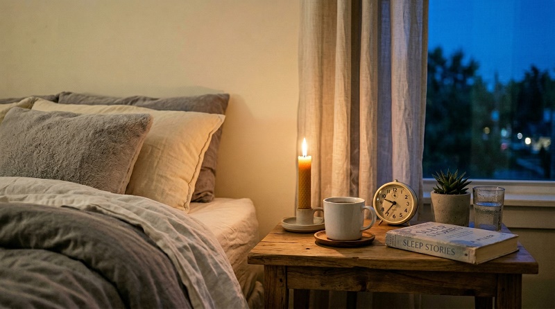 Ảnh phòng ngủ hygge: nến sáp ong đang cháy trên tab đầu giường cùng sách, trà thảo dược, đồng hồ 10 giờ tối. Ánh nến ấm áp tạo nghi lễ thư giãn trước khi ngủ cho người stress.
