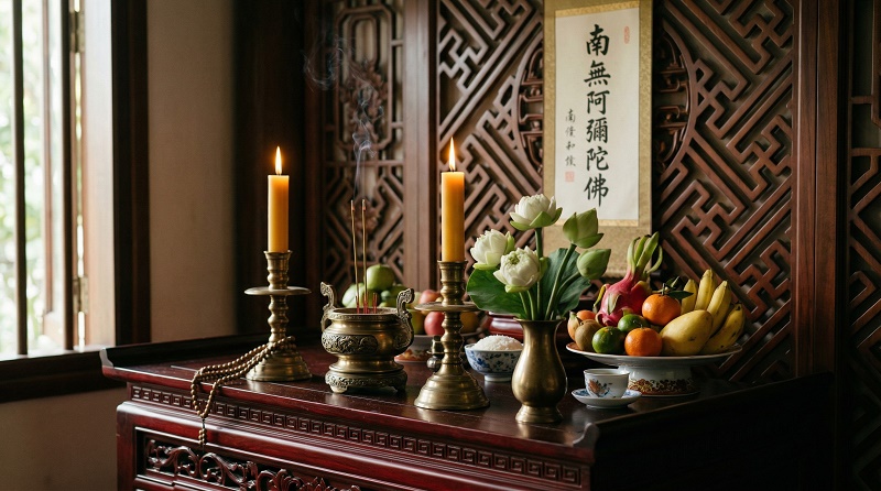 Bàn thờ truyền thống Việt Nam: cặp nến sáp ong vàng cháy ổn định, không khói đen, cùng lư hương, hoa sen, hoa quả, tạo không gian tâm linh thanh khiết trang nghiêm.

