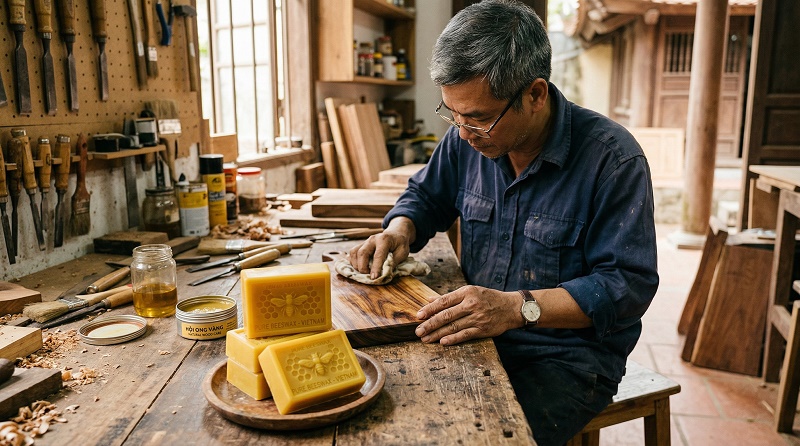Thợ mộc Việt Nam đang dưỡng gỗ bằng sáp ong: 
Bên cạnh có chồng 3-4 thanh sáp ong vàng tươi 
đã chế biến (giống sản phẩm Cosy Bee Home), 
bề mặt mịn có thể có dập nổi hình ong. 
Chén sáp ong-dầu lanh, xưởng gỗ chuyên nghiệp. 
Có chỗ trống logo góc trên phải.
