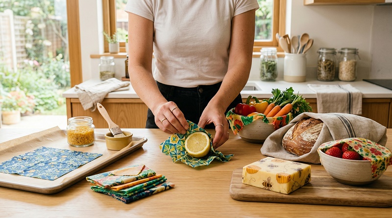Nhà bếp zero-waste: tay bọc chanh bằng beeswax wrap họa tiết, xung quanh có bánh mì phô mai rau củ được bọc. Góc DIY có vải cotton, thanh sáp ong vàng, bàn ủi. So sánh màng nhựa ❌ vs beeswax wrap ✅. Sống xanh không nhựa.
