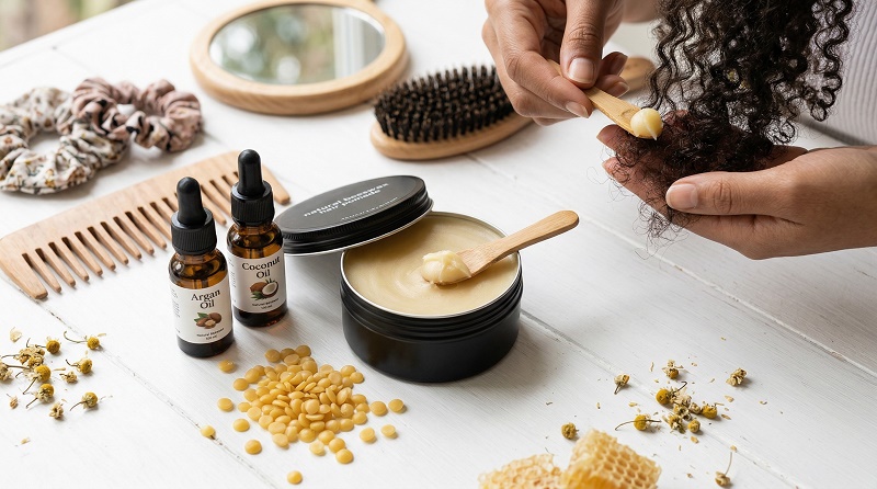 Sản phẩm tạo kiểu tóc tự nhiên từ sáp ong: hũ pomade màu vàng-kem với tinh dầu argan, dầu dừa, sáp ong thô trên bàn gỗ trắng. Có lược gỗ, bàn chải tự nhiên, tay demo bôi lên tóc. Trang trí hương thảo, oải hương, tổ ong.
