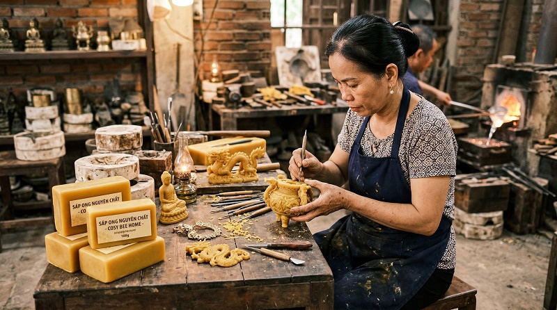 Xưởng thủ công truyền thống: nghệ nhân Việt Nam điêu khắc mô hình sáp ong tinh xảo (kỹ thuật đúc sáp mất), bên cạnh có chồng thanh sáp ong vàng, dụng cụ điêu khắc, nến trang trí hình đặc biệt, tượng đồng. Nghệ thuật thủ công cao cấp.

