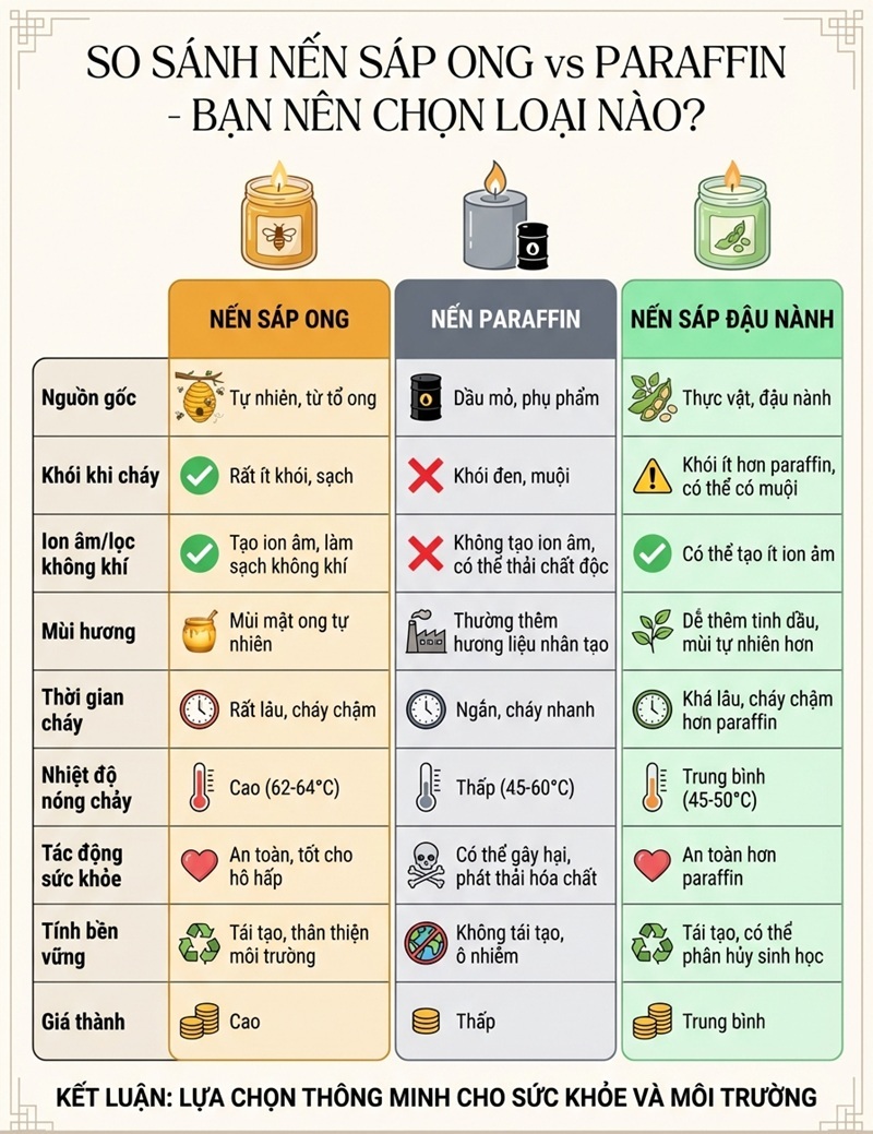 "Infographic so sánh ba loại nến: Sáp Ong, Paraffin và Soy. Tiêu đề lớn ở trên: 'So sánh sáp ong vs paraffin - Bạn nên chọn loại nào?'. Ba cột màu khác nhau: cột vàng mật ong cho sáp ong, cột xám cho paraffin, cột xanh lá cho nến đậu nành. dầu khi cháy - sáp ong có dấu xanh không khói, paraffin có dấu X đỏ tạo khói đen, đậu nành có biểu tượng báo vàng ít khói; Ion âm thanh khí - chỉ sáp ong có dấu xanh, hai loại kia có dấu X đỏ; sáp ong có biểu tượng nhà máy hương liệu, đậu nành có biểu tượng thực sự; 62-65 độ C cho sáp ong, 46-52 độ C đối với paraffin, 49-54 độ C đối với đậu nành; An toàn cho trẻ và bà bầu - sáp ong rất an toàn, paraffin không khuyến khích, đậu nành tương đối an toàn với các biểu tượng tương ứng; Giá thành - sáp ong cao xứng đáng, paraffin rẻ nhất, đậu nành trung bình; Thân thiện môi trường - Sáp ong tái tạo 100% với biểu tượng lá xanh, parafin gốc hóa thạch, phần lớn đậu nành GMO. Cuối cùng Infographic có hộp kết luận nổi bật màu vàng: 'Kết luận - Ưu tiên sức khỏe Sáp ong'. Bố cục gọn gàng chuyên nghiệp với biểu tượng rõ ràng cho từng tiêu chí.