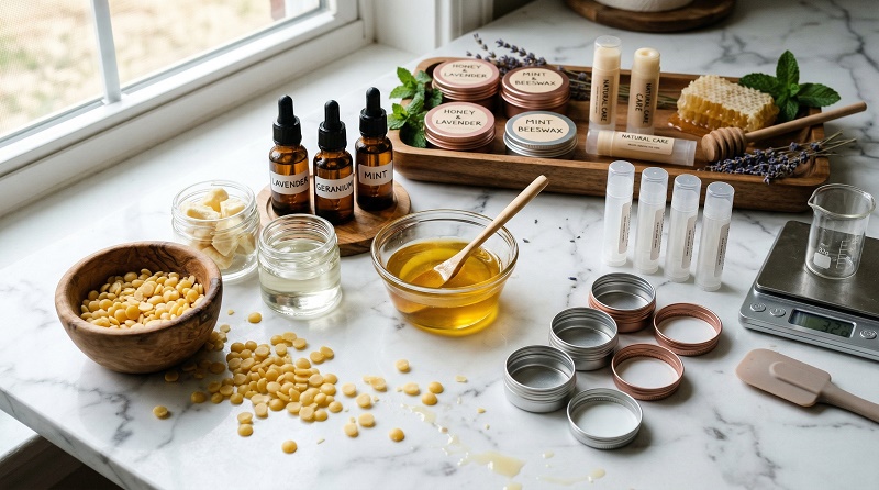 Ảnh làm son dưỡng môi DIY: sáp ong tan chảy, dầu dừa, bơ cacao, tinh dầu trên bàn cẩm thạch trắng với hũ son và tuýp trống. Trang trí bạc hà, oải hương, tổ ong. Mỹ phẩm tự nhiên 100% an toàn cho cả trẻ em.
