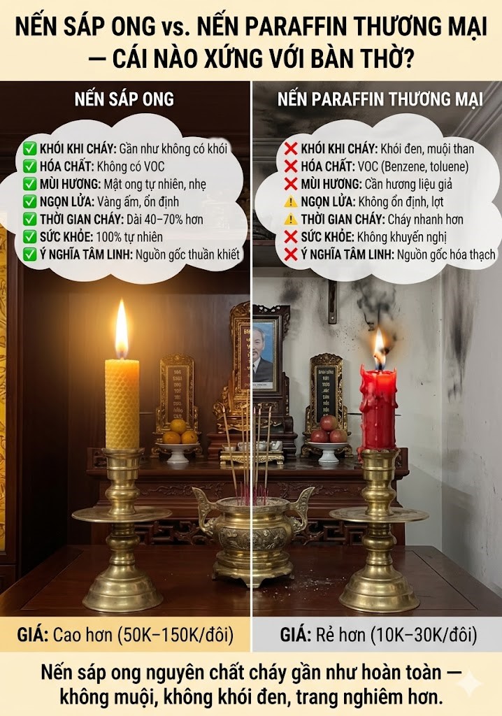 Bảng phân tích ưu điểm vượt trội của nến sáp ong (không khói đen, không hóa chất VOC) so với nến Paraffin thương mại, giúp bảo vệ sức khỏe và giữ không gian thờ cúng trang nghiêm.
