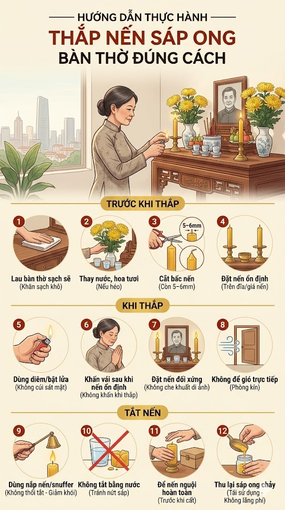 12 bước hướng dẫn thắp và tắt nến sáp ong an toàn, đúng cách trên bàn thờ.