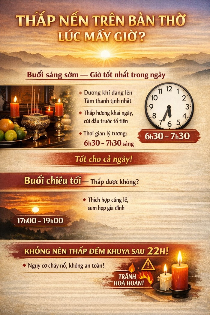 Hướng dẫn thời gian lý tưởng để thắp hương và nến (6h30 - 7h30 sáng) giúp tăng dương khí và lưu ý an toàn phòng cháy sau 22h khuya.