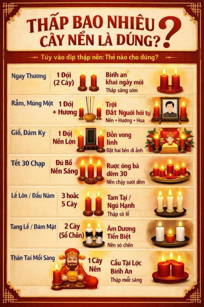 Bảng hướng dẫn chi tiết cách thắp nến theo phong tục: 1 đôi cho ngày thường, số lẻ (3 hoặc 5 cây) cho lễ lớn, và nến số chẵn cho tang lễ để đảm bảo đúng nghi thức tâm linh.
