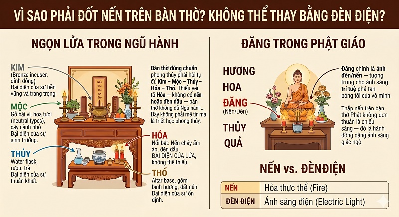 Đồ họa giải thích ý nghĩa của ngọn nến trên bàn thờ theo Ngũ hành và Phật giáo. Nến đại diện cho hành Hỏa, yếu tố không thể thiếu để cân bằng Kim - Mộc - Thủy - Hỏa - Thổ. Trong Phật giáo, Đăng (nến/đèn) tượng trưng cho ánh sáng trí tuệ soi sáng vô minh. Bảng so sánh nhấn mạnh nến là "Hỏa thực thể" trong khi đèn điện chỉ là ánh sáng nhân tạo.