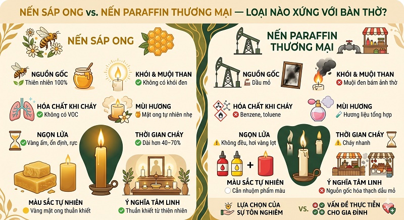 Bảng so sánh chi tiết giữa nến sáp ong tự nhiên và nến paraffin công nghiệp. Nến sáp ong của Cosy Bee Home có nguồn gốc 100% thiên nhiên, không khói đen, không hóa chất độc hại, mùi mật ong dịu nhẹ và cháy lâu hơn 40-70%. Ngược lại, nến paraffin làm từ dầu mỏ, tạo muội than đen bám ảnh thờ và chứa hóa chất Benzene, Toluene gây hại sức khỏe.